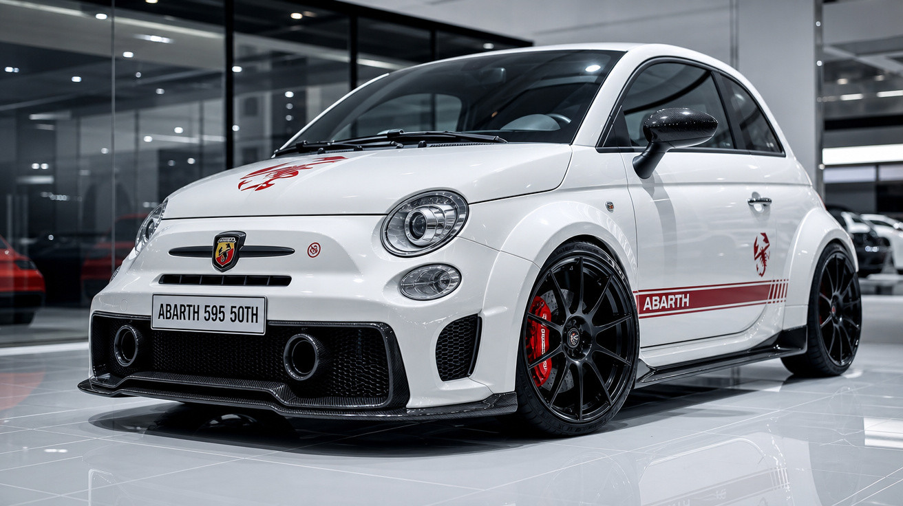 Carro esportivo branco Abarth 595 50th com rodas pretas e detalhes vermelhos em ambiente interno moderno.