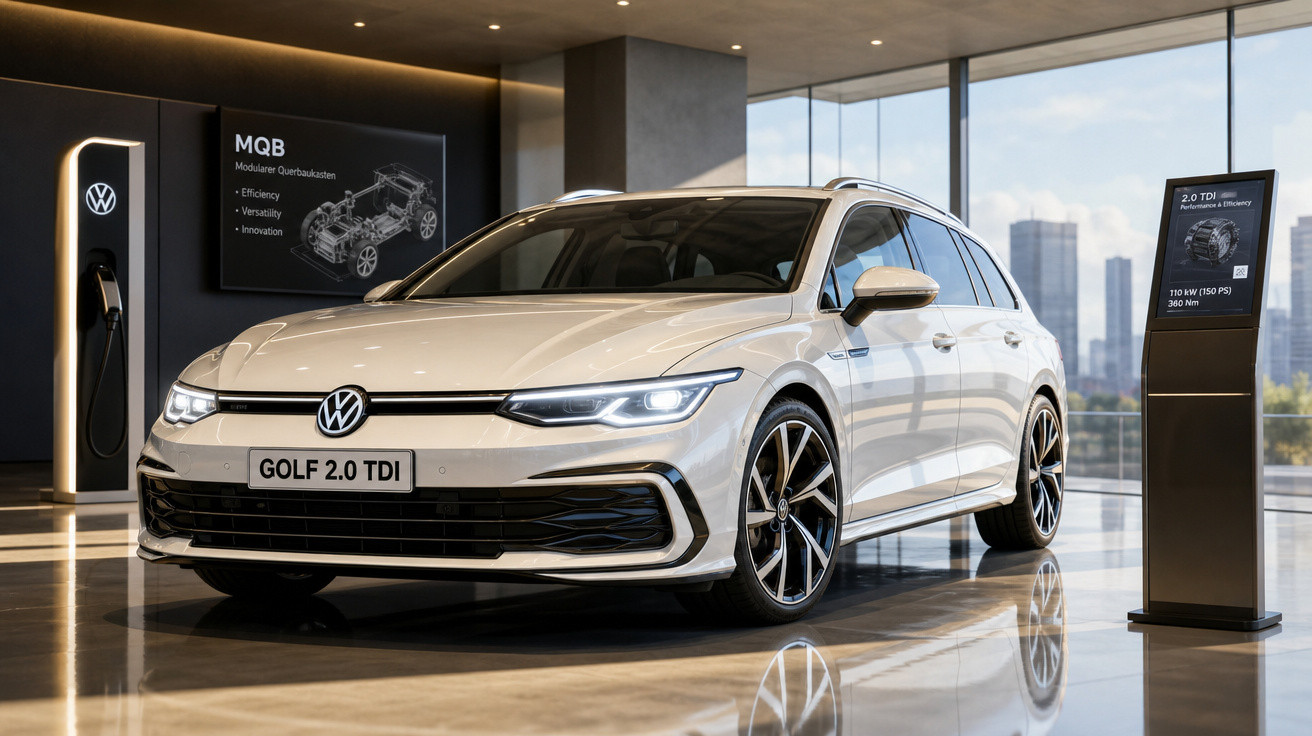 Carro Volkswagen Golf 2.0 TDI branco em exposição interna com detalhes de tecnologia ao fundo.
