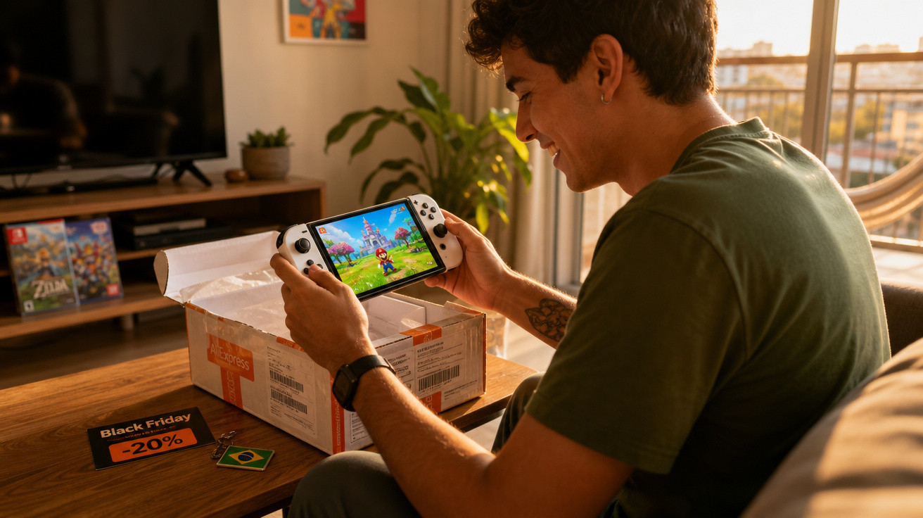 Homem sorrindo desempacotando console portátil Nintendo Switch em casa durante Black Friday.