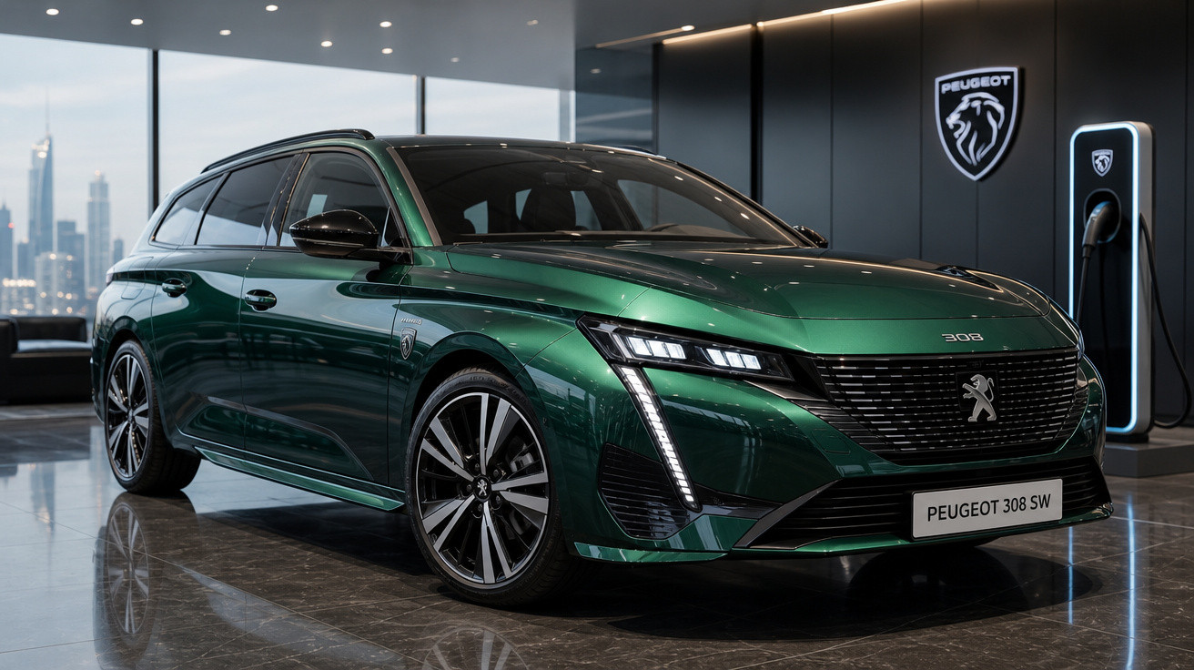 Carro Peugeot 308 SW verde metálico exposto em showroom moderno, com carregador elétrico ao fundo.