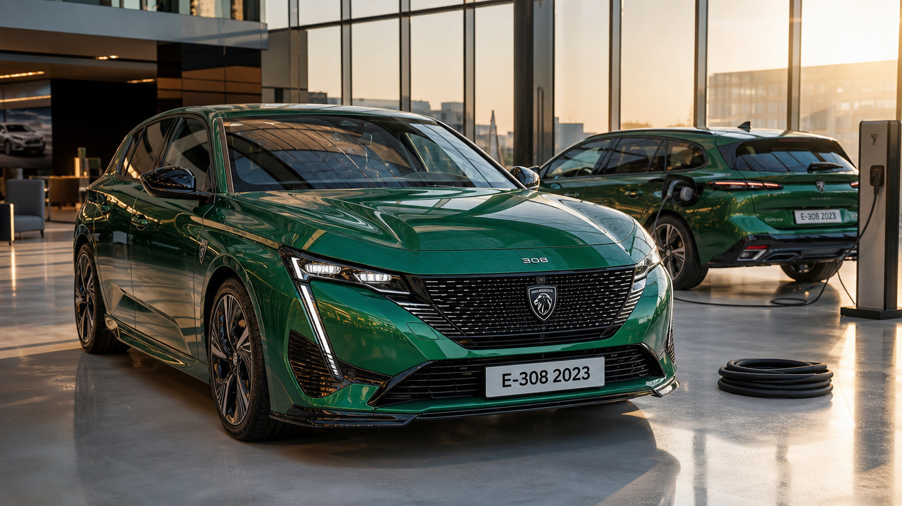 Dois carros elétricos verdes Peugeot E-308 2023 em showroom moderno com grandes janelas e recarga elétrica.