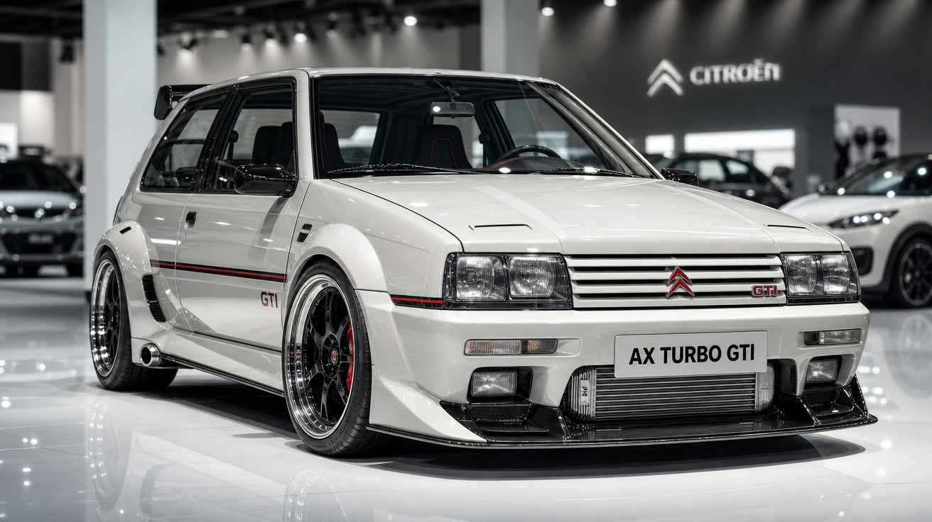 Carro clássico Citroën AX Turbo GTI branco exposto em salão, com rodas esportivas e design retrô.