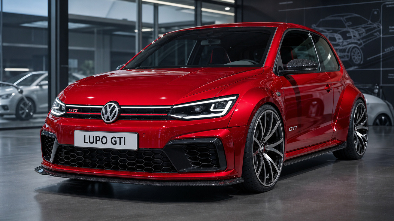 Carro esportivo vermelho Volkswagen Lupo GTI estacionado em showroom moderno.