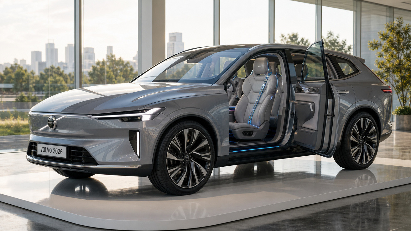 Carro elétrico Volvo 2026 cinza com portas dianteiras abertas e interior moderno exibido em showroom.