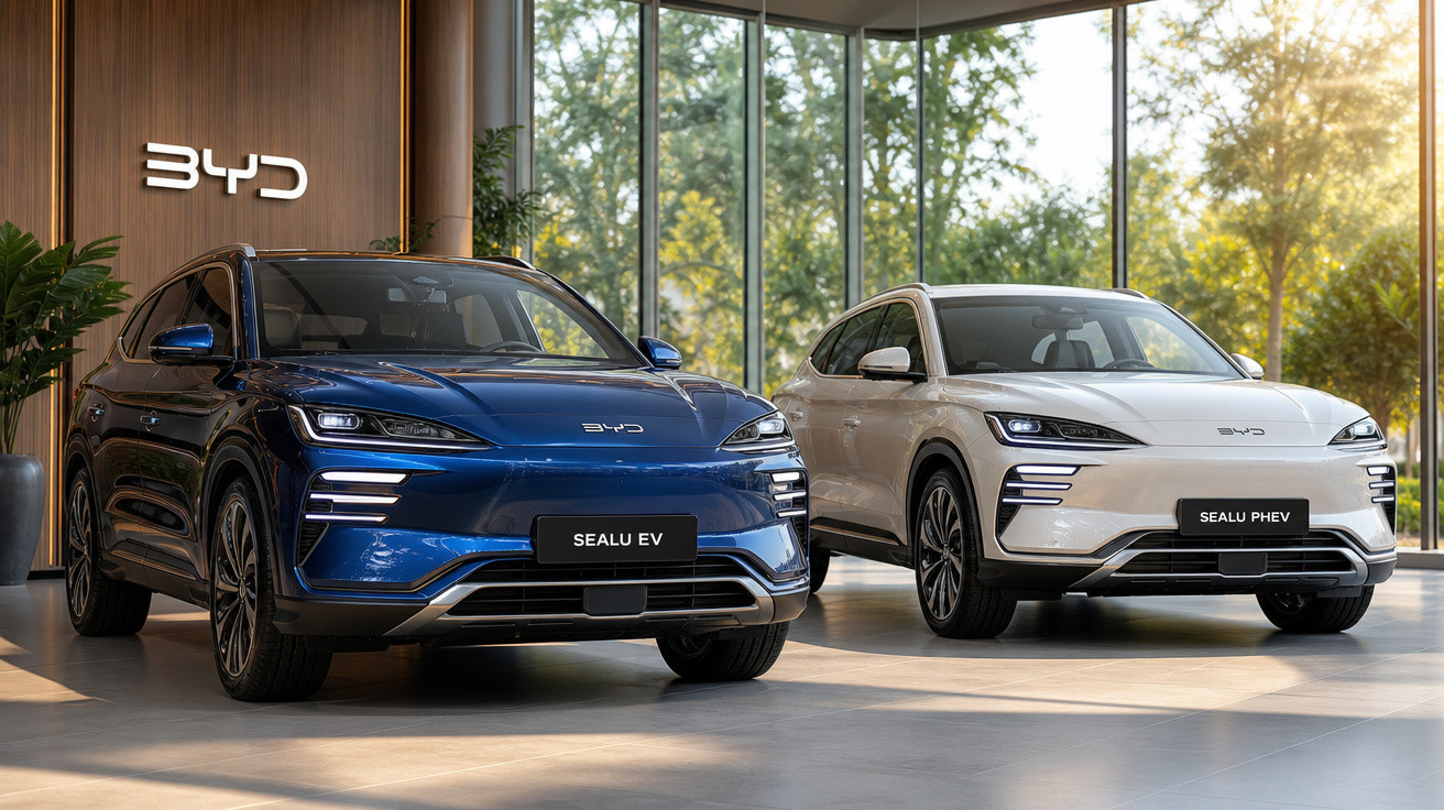 Dois SUVs BYD Sealu, um azul elétrico e outro branco híbrido, expostos em showroom moderno com grandes janelas.