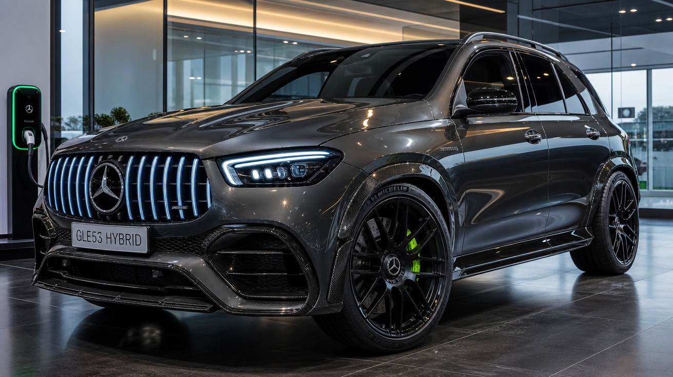 Carro SUV Mercedes-Benz GLE53 Hybrid cinza escuro estacionado em showroom moderno e iluminado.
