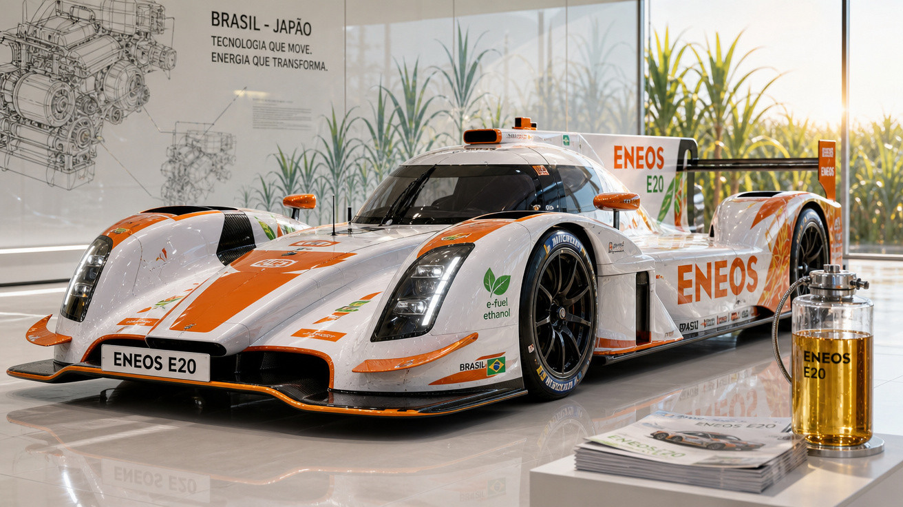 Carro de corrida ENEOS E20 branco e laranja exibido em ambiente fechado com planta ao fundo.