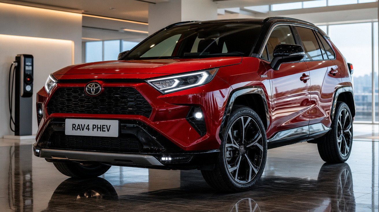 SUV vermelho Toyota RAV4 PHEV estacionado em ambiente interno moderno e iluminado.