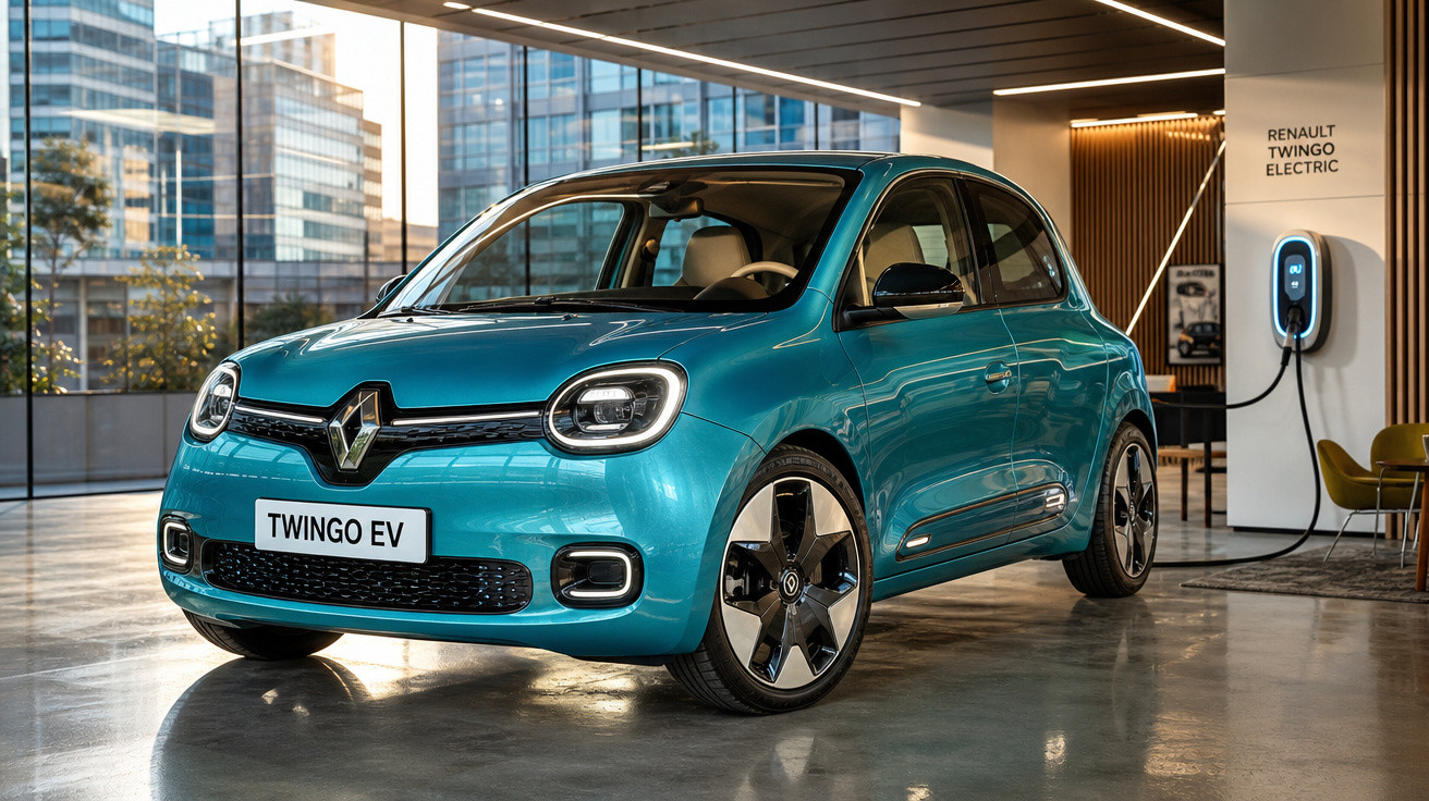 Carro elétrico Renault Twingo EV azul em showroom moderno com estação de recarga ao fundo.