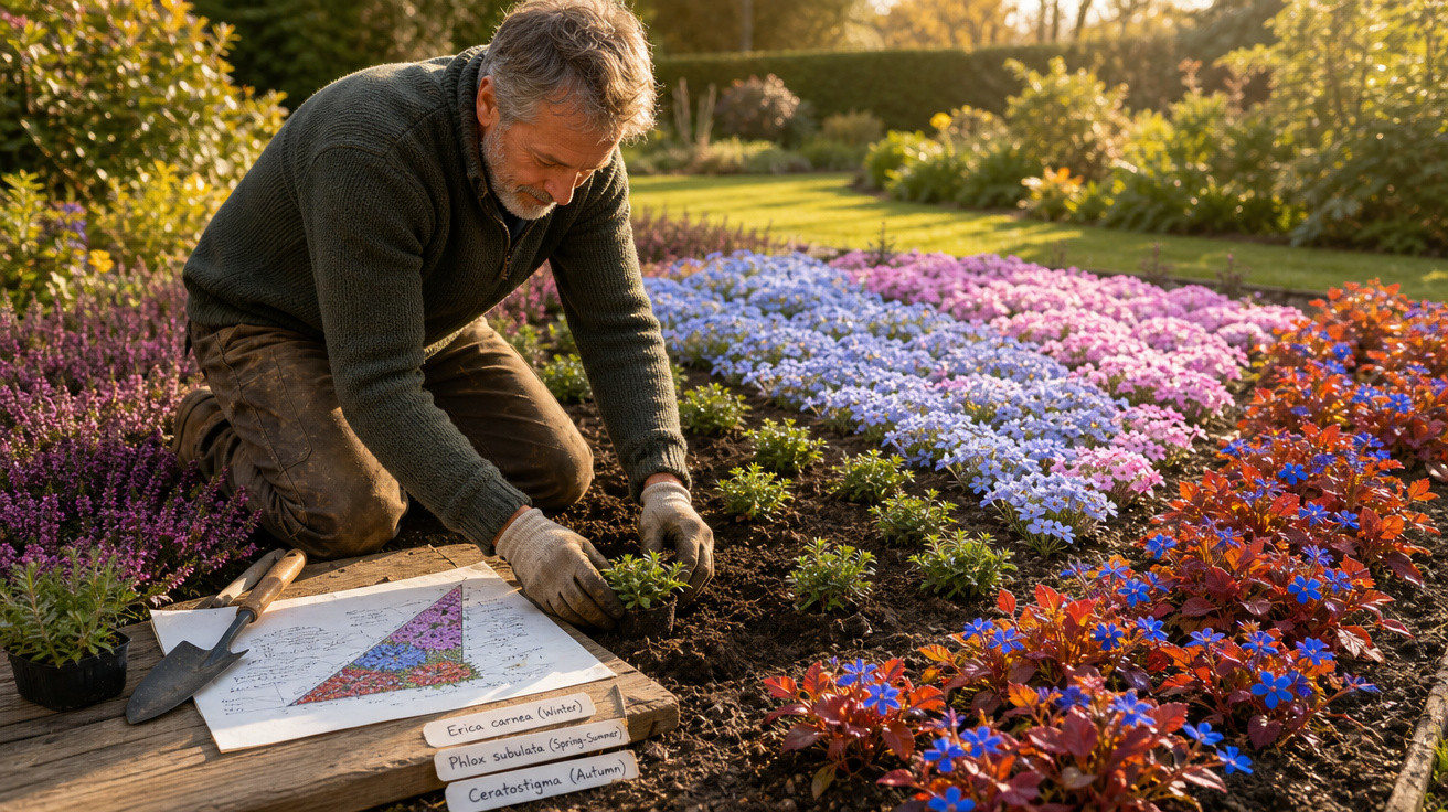 Homem planta flores coloridas no jardim seguindo um plano de jardinagem em dia ensolarado.
