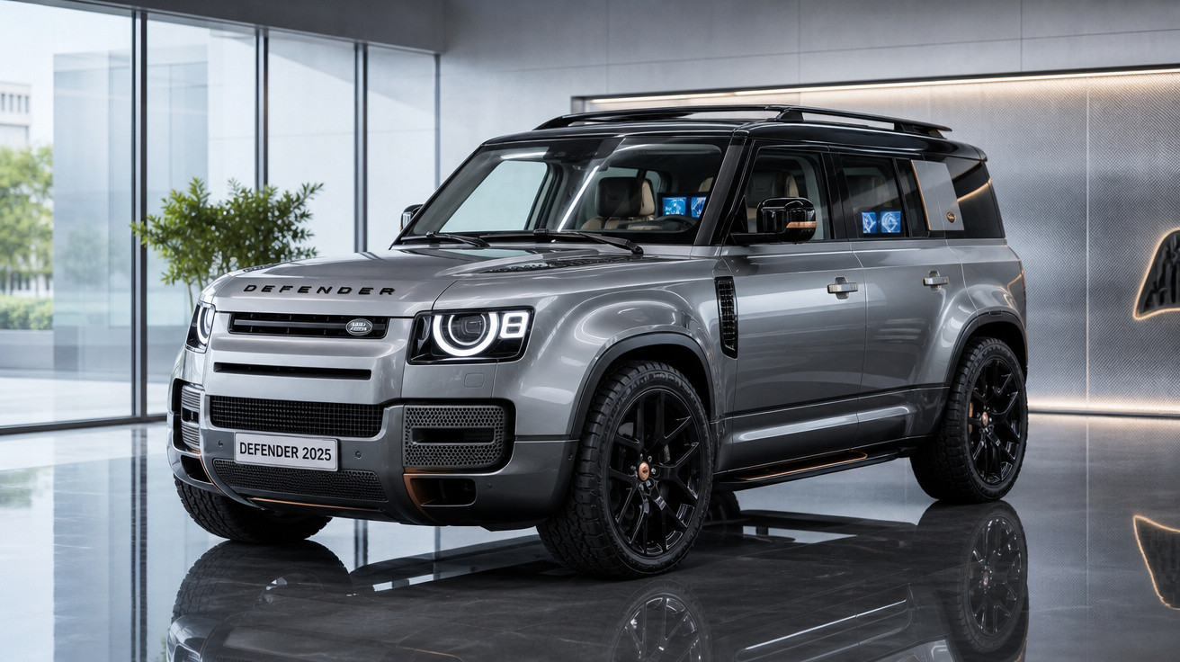 Carro SUV Land Rover Defender 2025 cinza em exposição moderna com rodas pretas brilhantes.