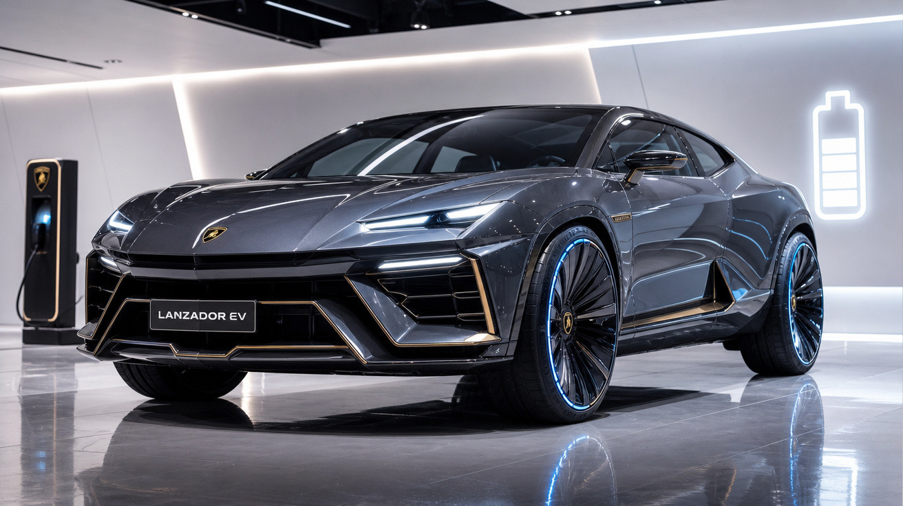 Carro esportivo elétrico cinza Lamborghini Lanzador EV em showroom moderno com estação de recarga.