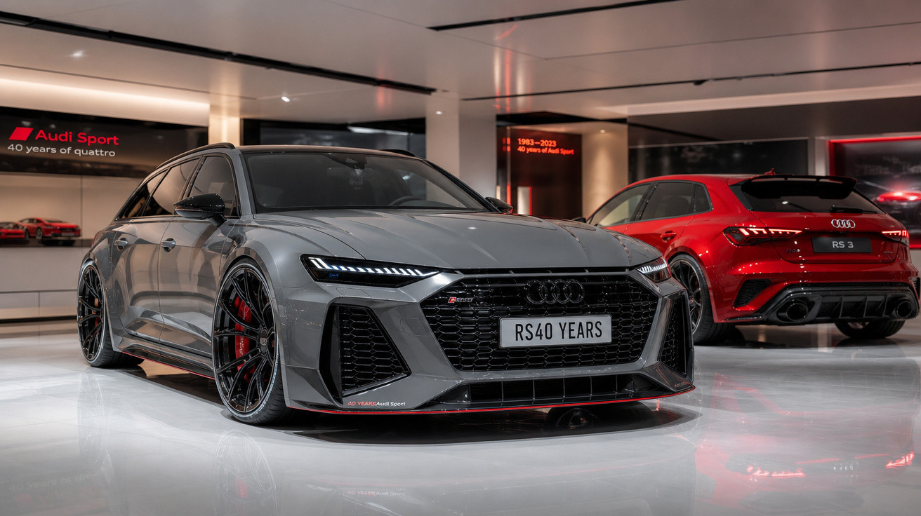 Carros Audi RS em exposição interna, um cinza e outro vermelho, comemorando 40 anos do Audi Sport.