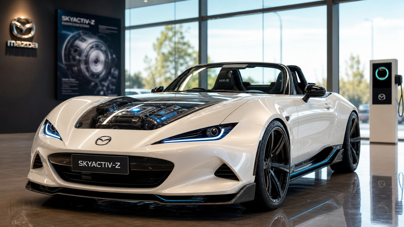 Carro esportivo conversível Mazda branco exposto em showroom com motor aparente no capô.