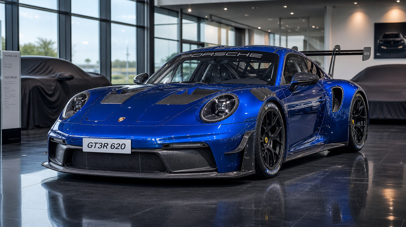 Carro esportivo azul Porsche GT3R 620 em exposição dentro de showroom moderno.