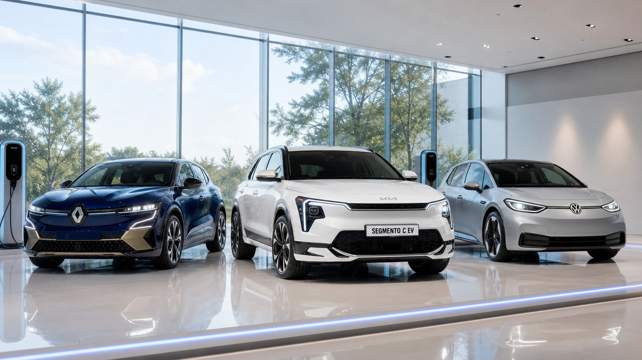 Três carros elétricos novos (Renault, Kia e Volkswagen) expostos em showroom moderno com luz natural.