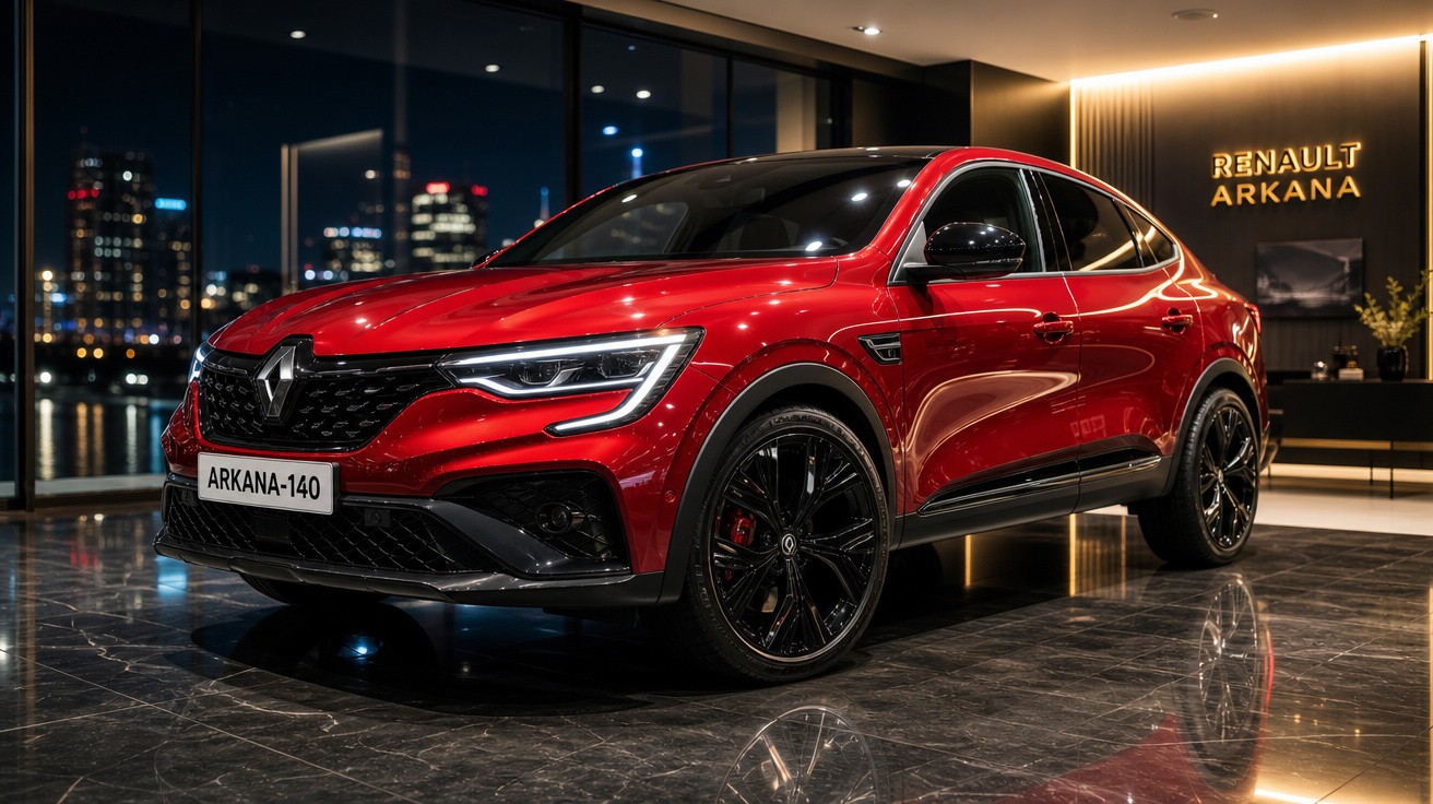 Carro vermelho Renault Arkana estacionado em showroom moderno com piso brilhante e iluminação ambiente.