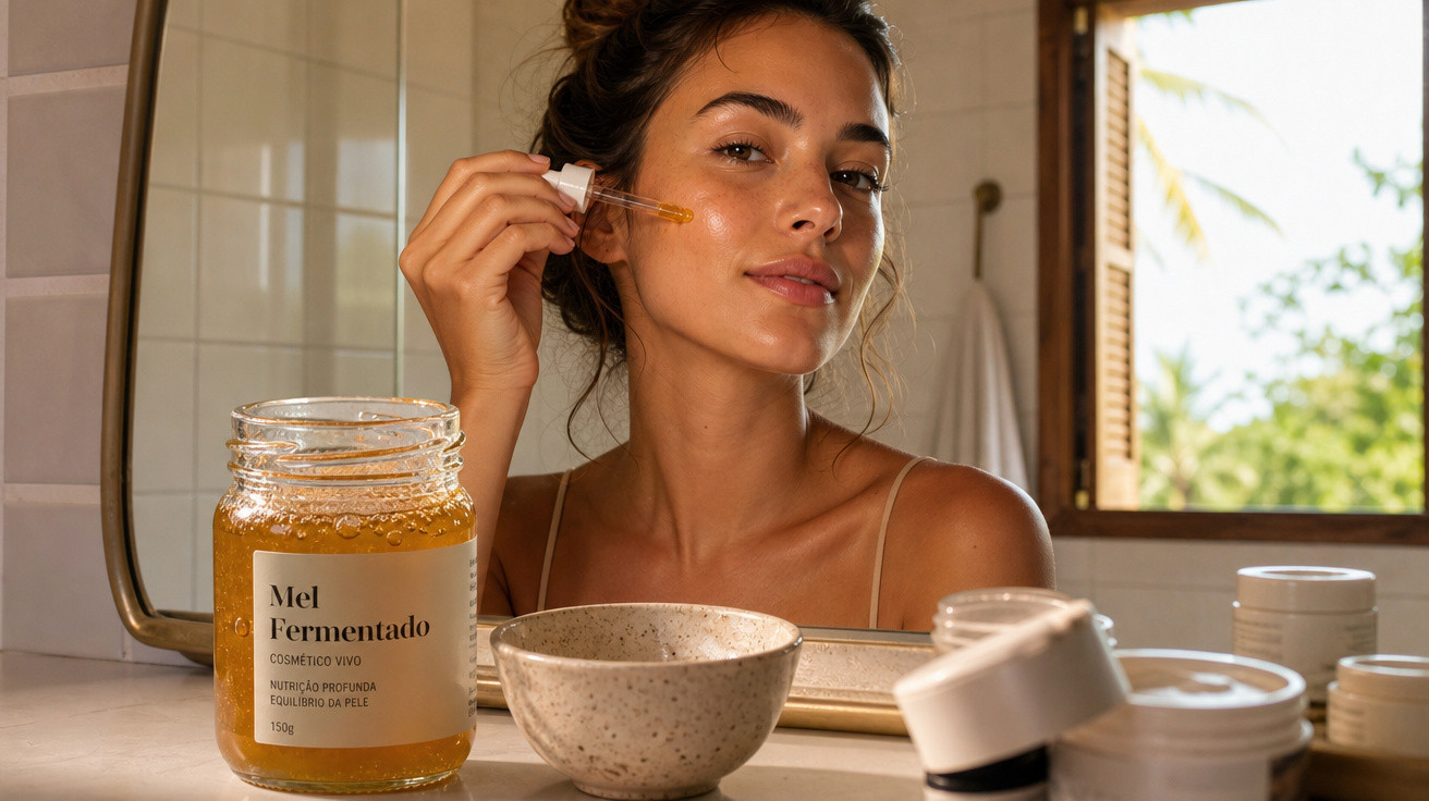 Mulher aplicando produto de mel fermentado no rosto em banheiro com luz natural.