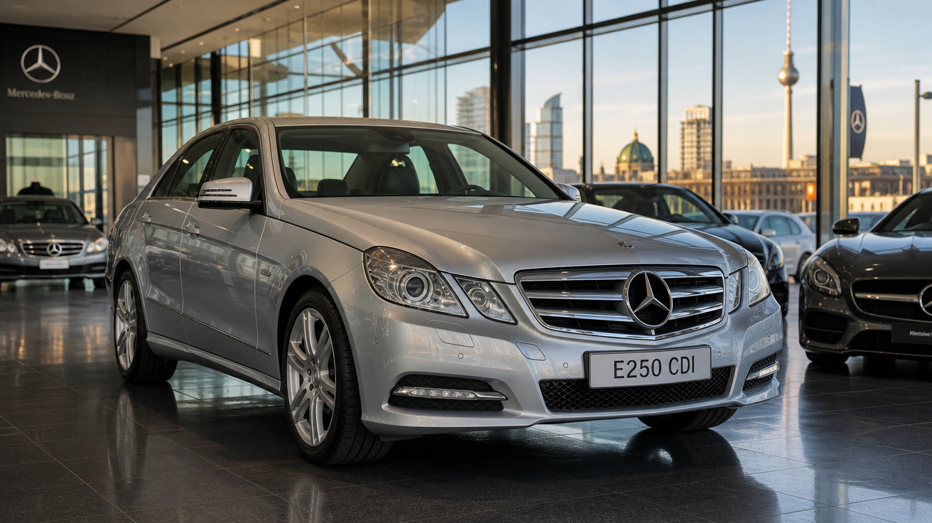 Carro Mercedes-Benz E250 CDI prata exposto em showroom com fachada de vidro e vista urbana ao fundo.