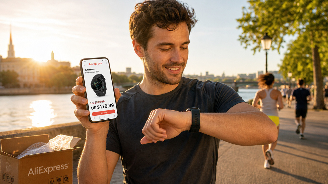 Homem sorrindo mostra celular com oferta de relógio Garmin ao ar livre em área de corrida à beira do rio.