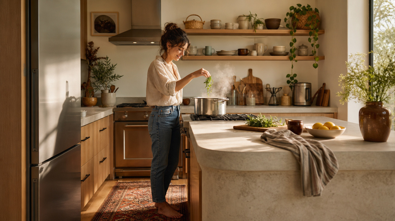Mulher cozinhando em cozinha aconchegante com plantas, bancada clara e luz natural entrando pela janela.