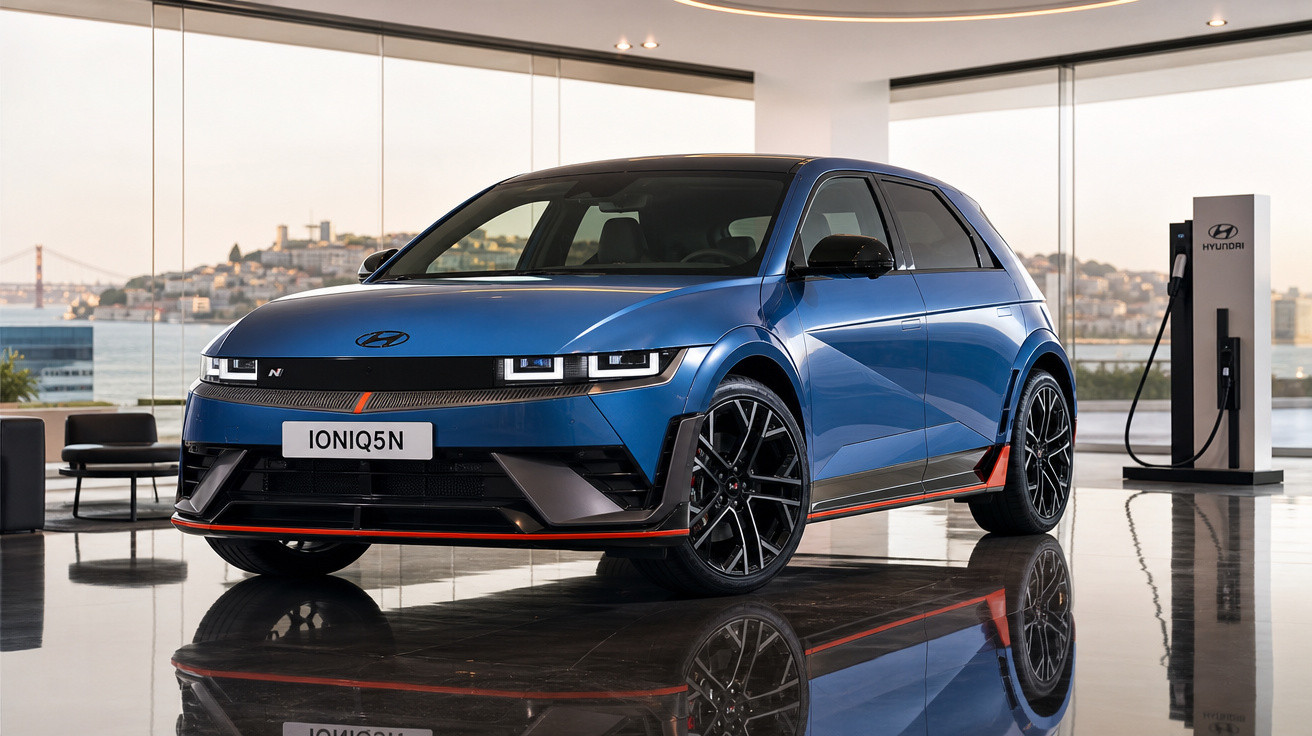 Carro elétrico azul Hyundai Ioniq 5 N estacionado em galeria com vistas urbanas ao fundo.