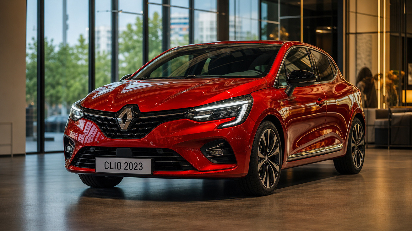 Carro Renault Clio 2023 vermelho em exibição dentro de showroom moderno com vidros amplos.