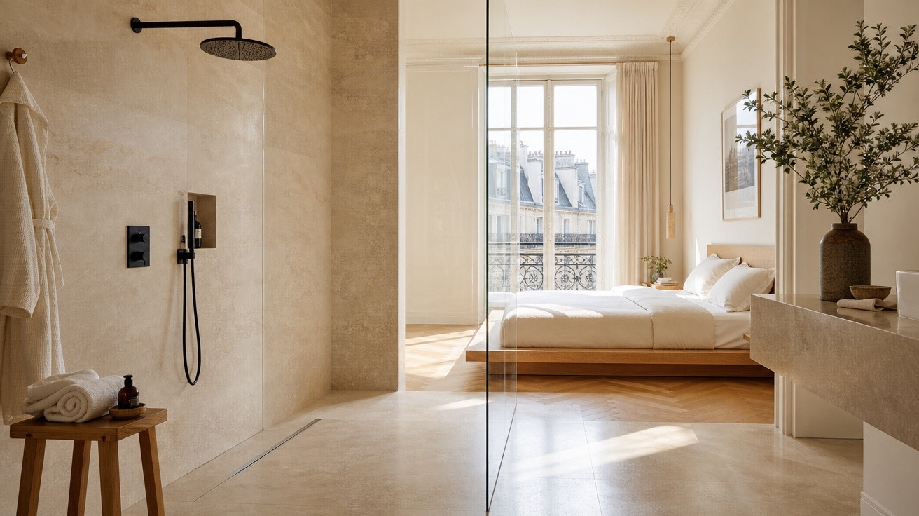 Banheiro minimalista integrado a quarto com cama de casal, ducha de teto preta e decoração neutra iluminada por janela.