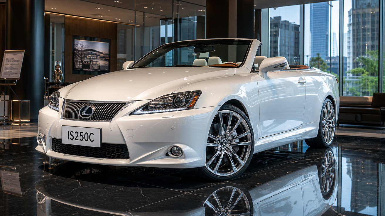 Carro conversível branco Lexus IS250C exibido em showroom moderno com piso preto brilhante.
