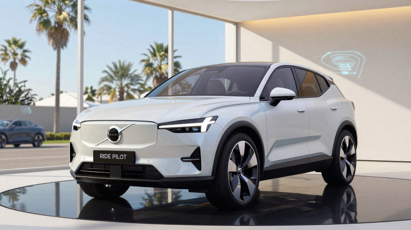 Carro branco Volvo elétrico modelo XC40 exposto em ambiente moderno com palmeiras ao fundo.