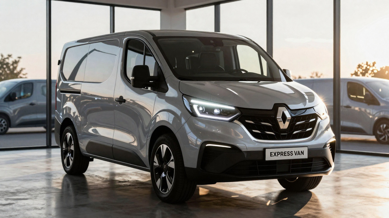 Van Renault Express prata exibida em showroom com luz natural e grandes janelas ao fundo.