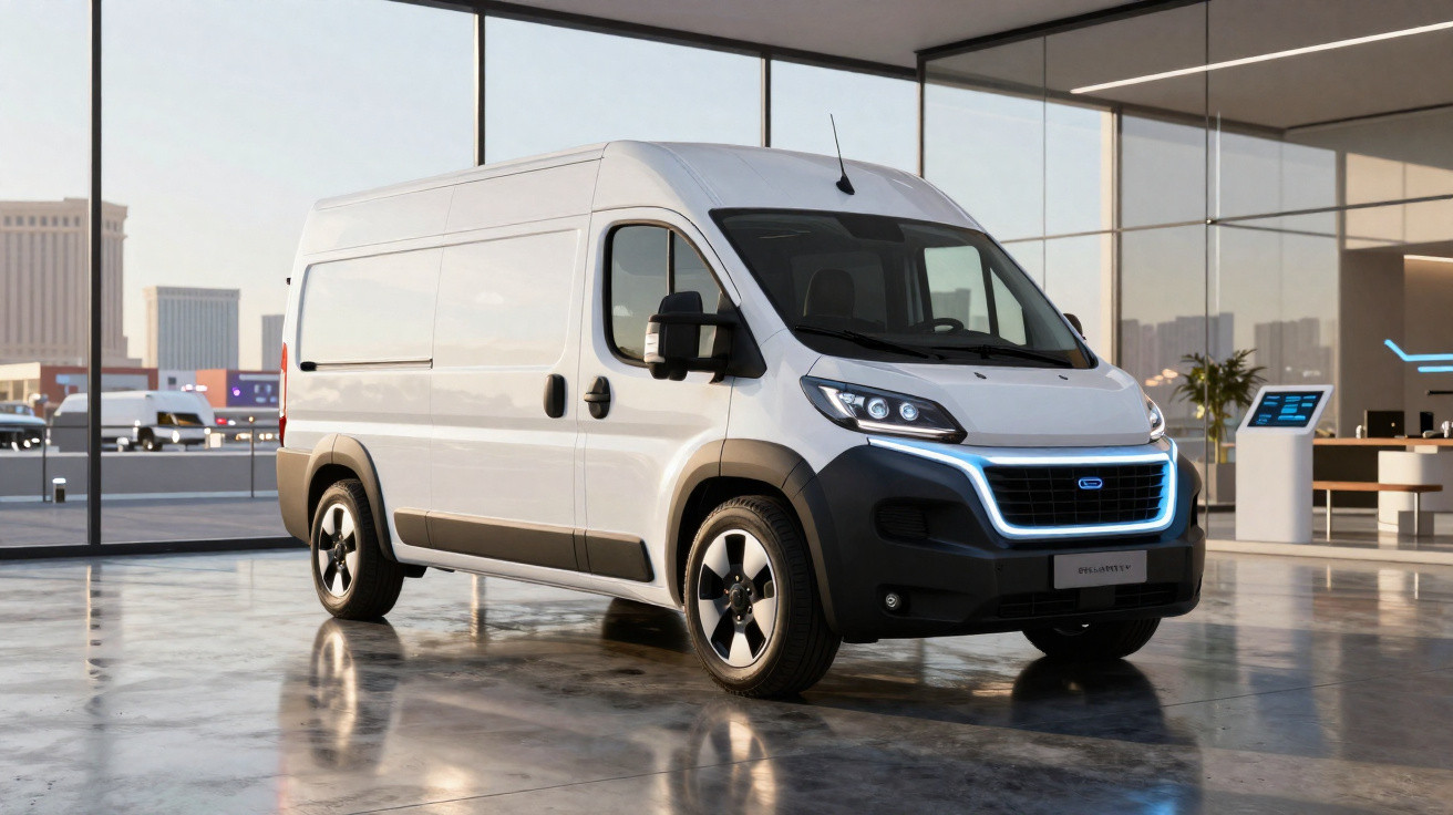 Van branca elétrica estacionada em showroom com grandes janelas e piso refletivo.