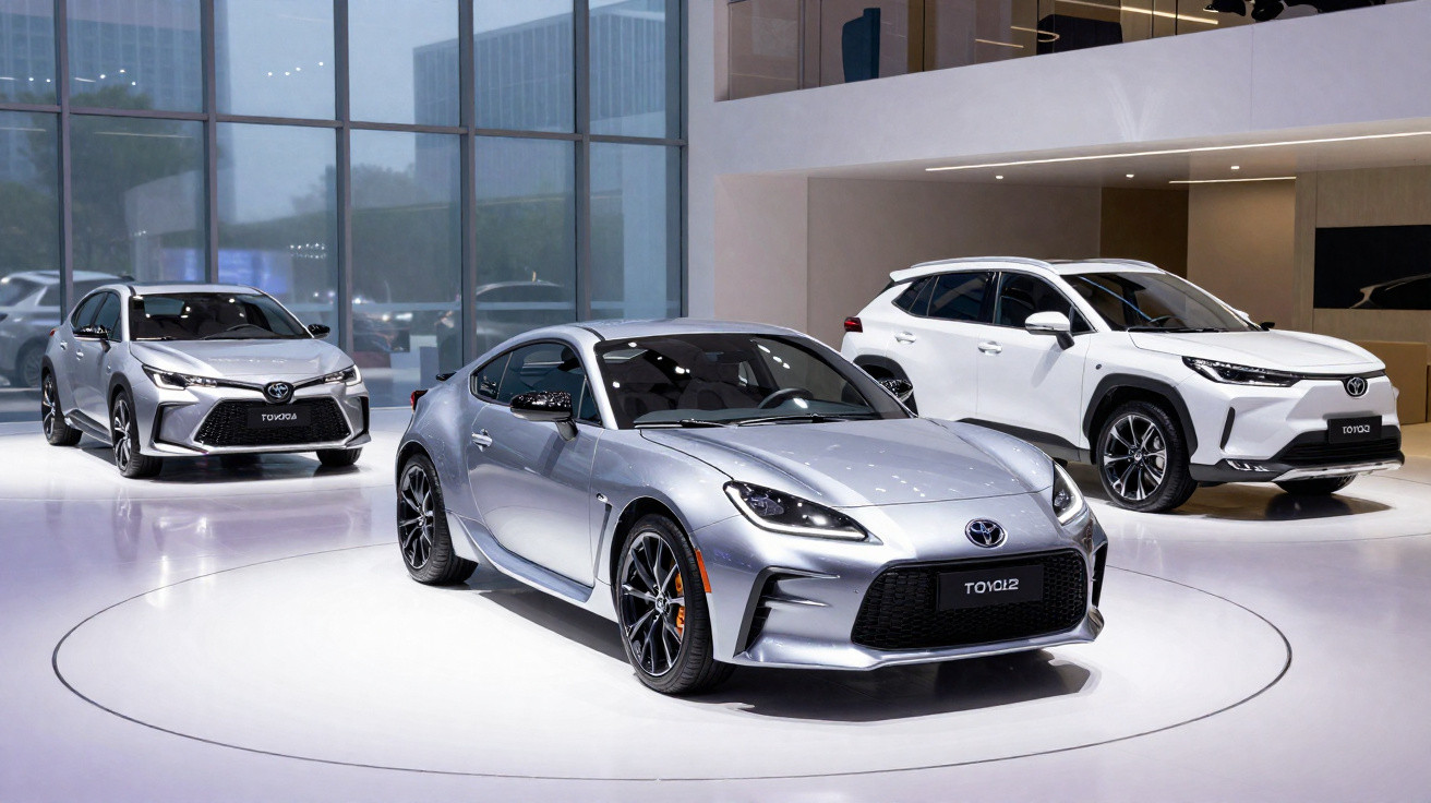 Três carros Toyota em exposição moderna, com destaque para o esportivo cinza ao centro.