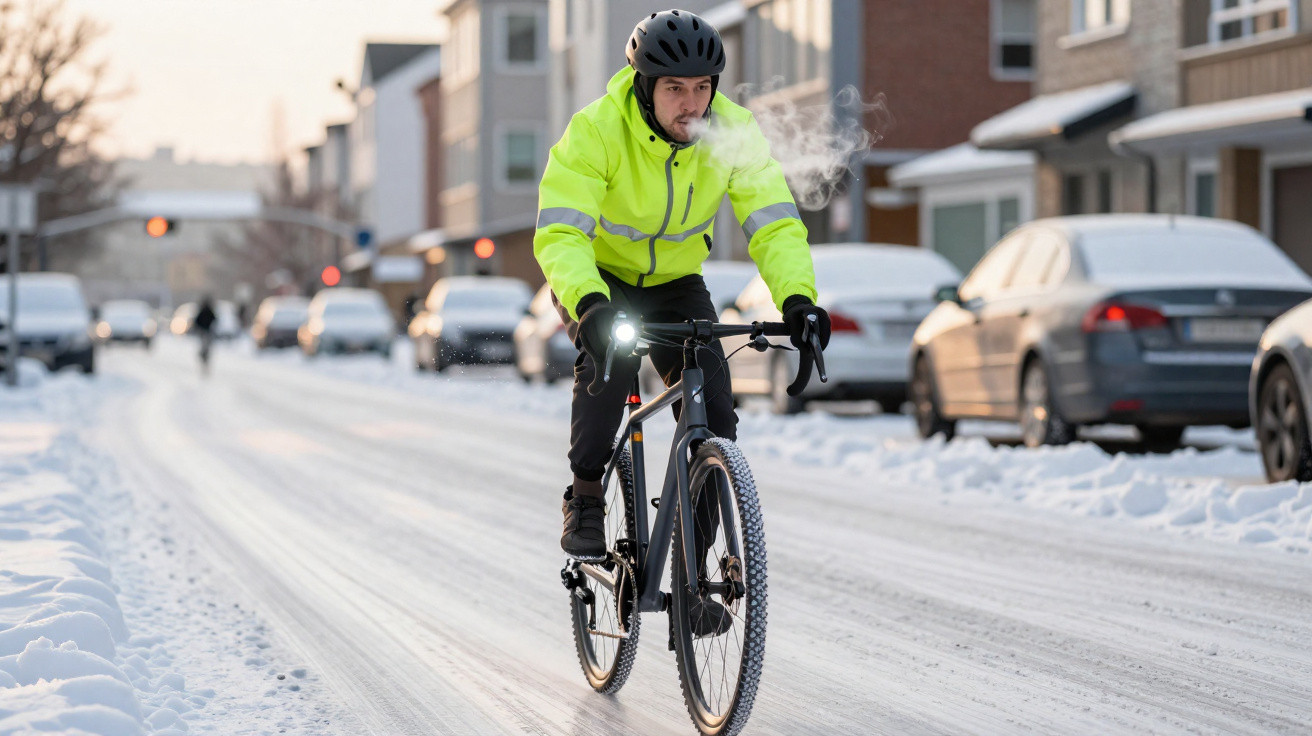Homem de jaqueta fluorescente e capacete pedala bicicleta em rua coberta de neve em área urbana.