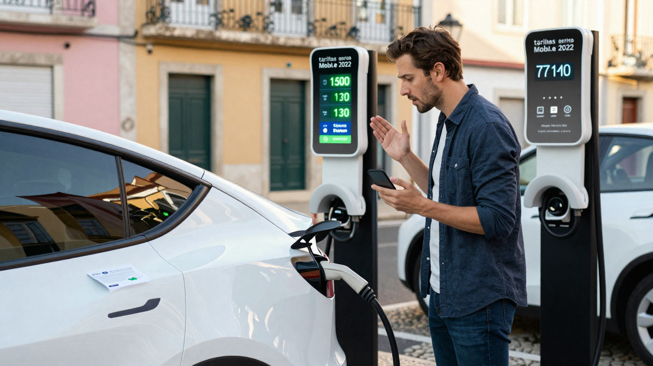 Homem usando smartphone ao lado de carro elétrico prata carregando em estação pública na cidade.