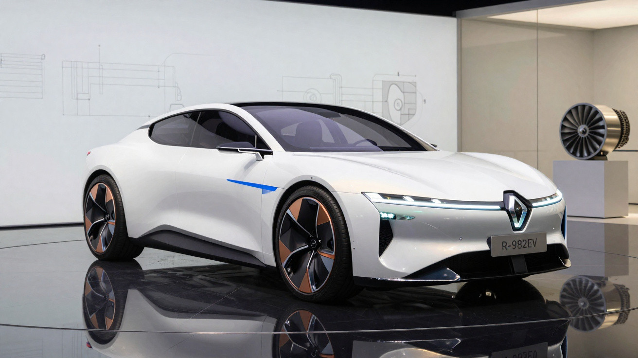 Carro elétrico conceito branco da Renault em exposição, com design futurista e rodas grandes.