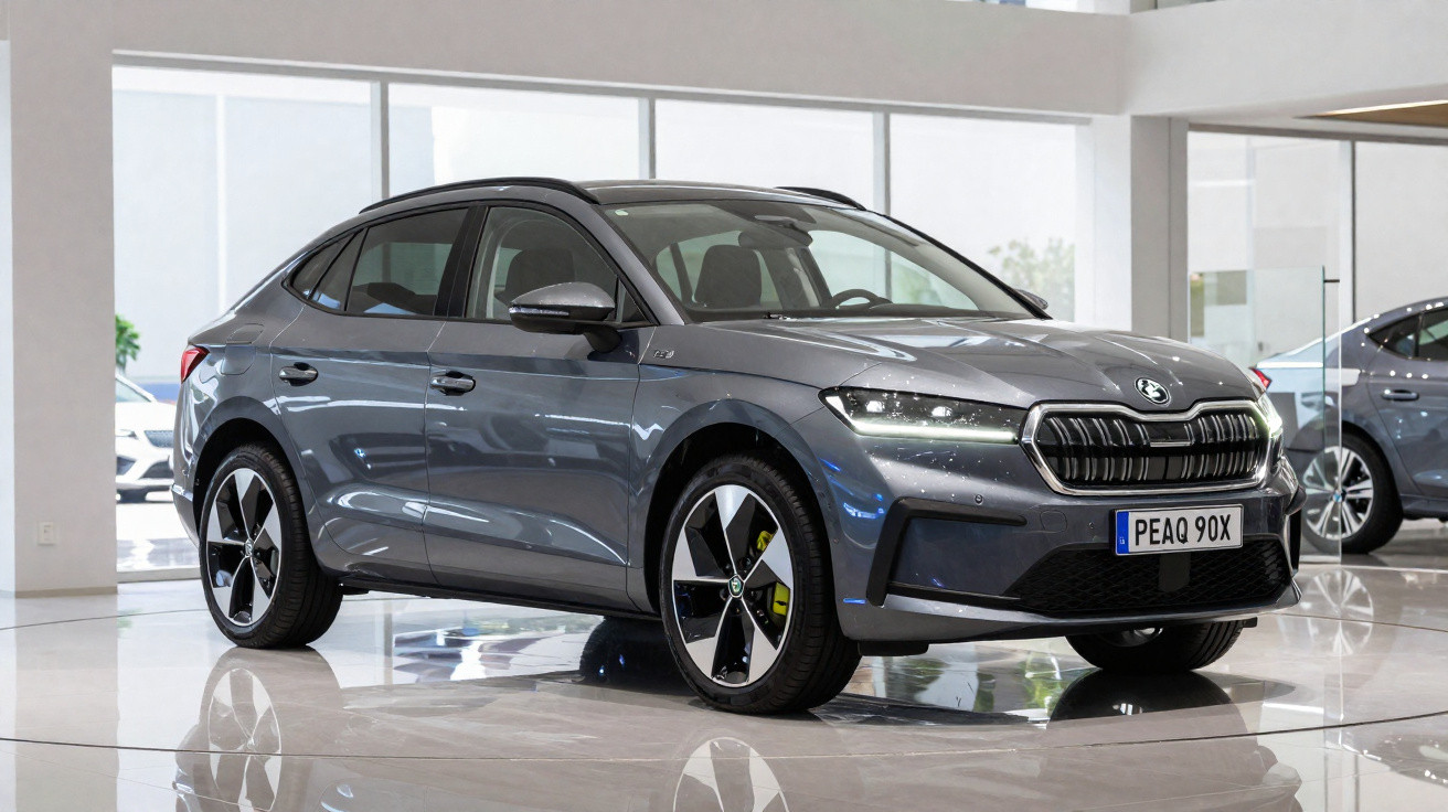 Carro elétrico cinza da Skoda exibido em showroom moderno com piso brilhante.
