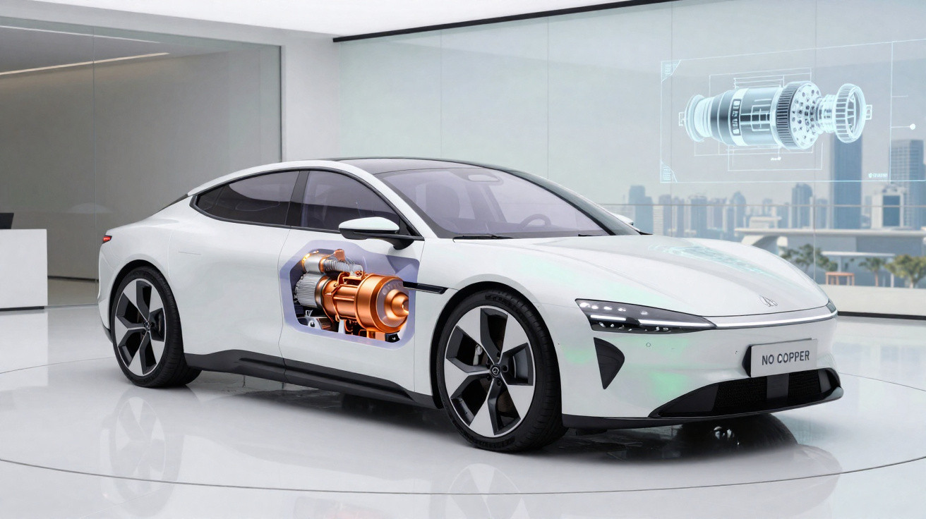 Carro elétrico branco em showroom com destaque tecnológico para motor em cobre visível na lateral.