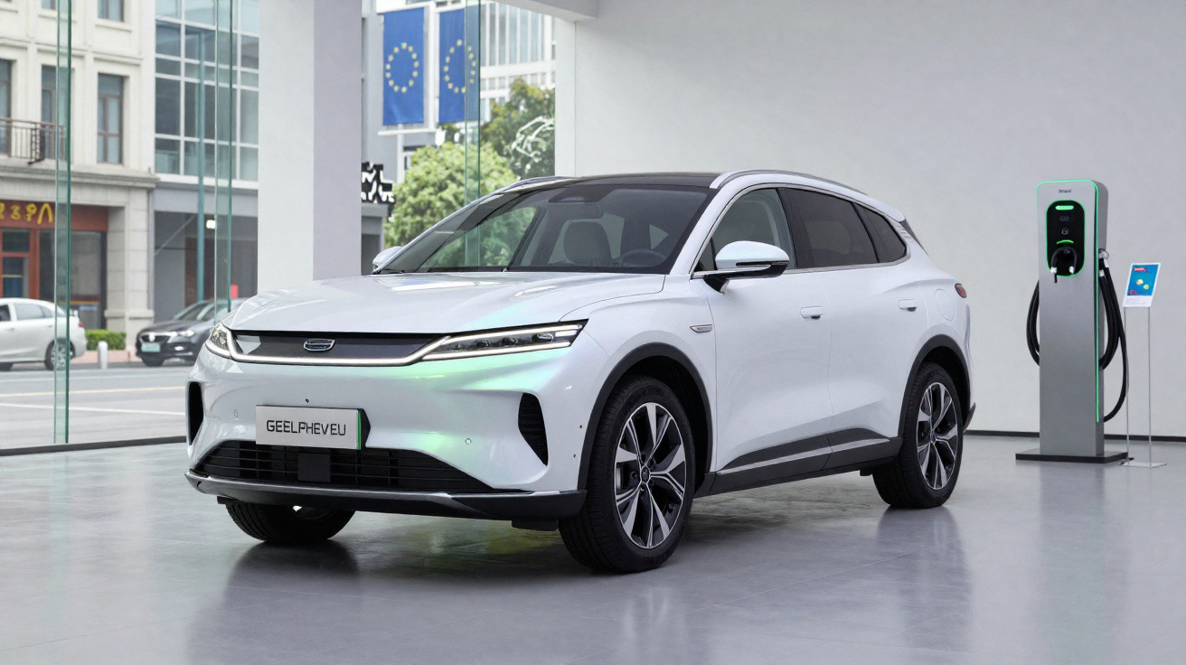 Carro elétrico branco Geely Phev Eu estacionado próximo a um carregador dentro de um espaço moderno e iluminado.