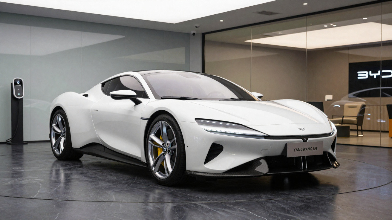 Carro esportivo elétrico branco Yangwang U9 em exposição interna com carregador ao fundo.