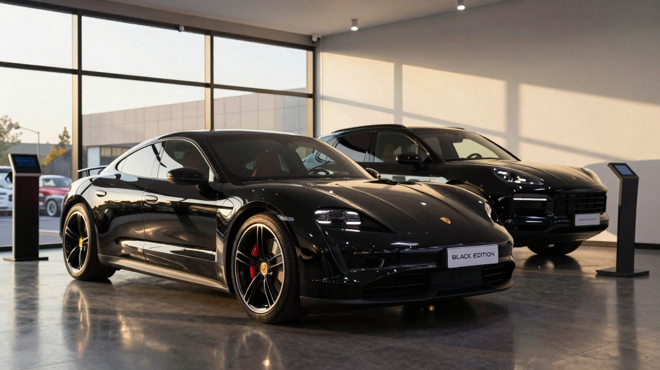 Dois carros esportivos pretos da Porsche em exposição interna, destaque para o modelo Black Edition.