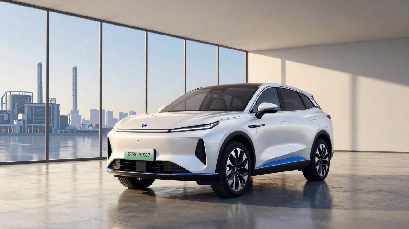 Carro elétrico branco estacionado em ambiente interno com vidros grandes e vista urbana ao fundo.