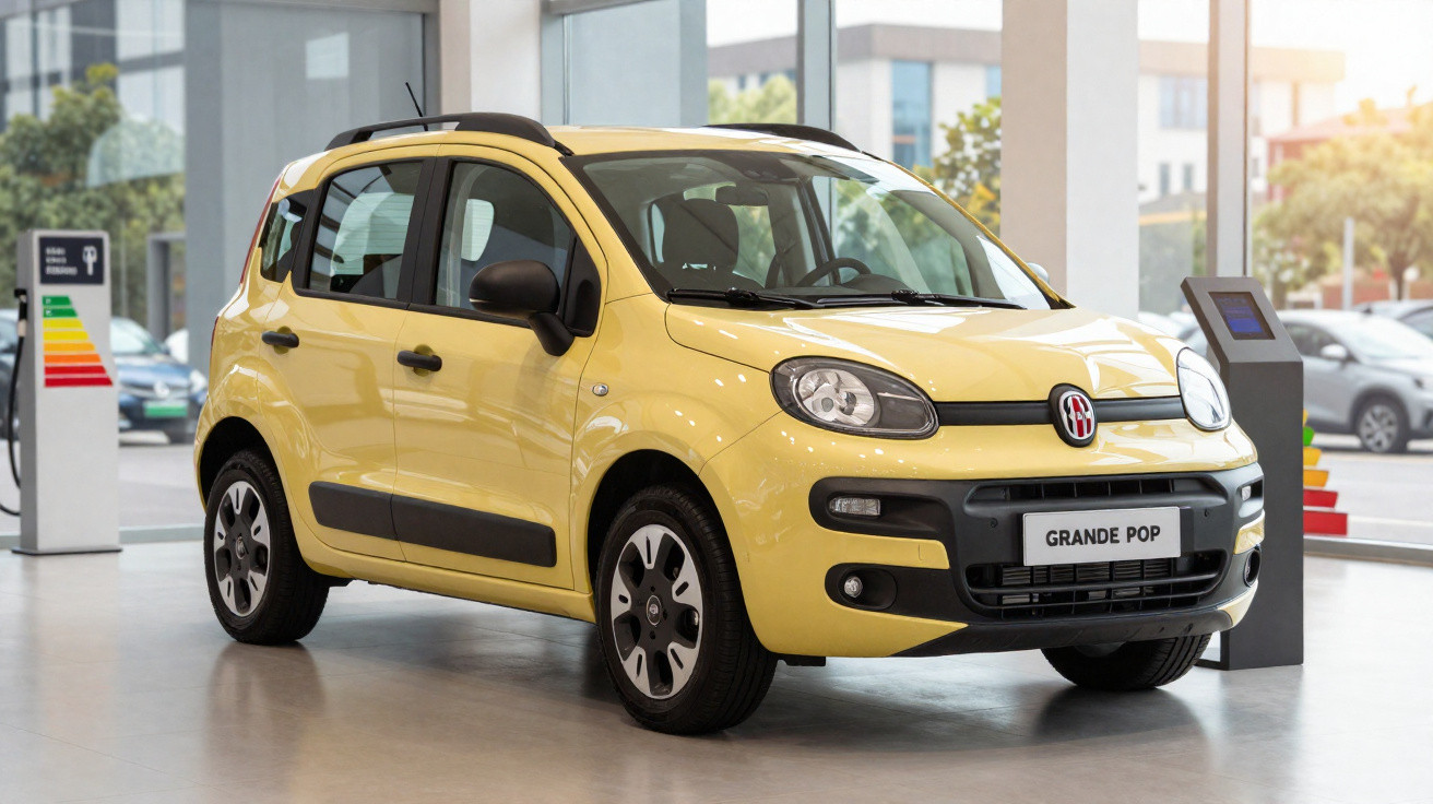 Carro compacto amarelo Fiat Grande Pop estacionado em showroom moderno com iluminação natural.
