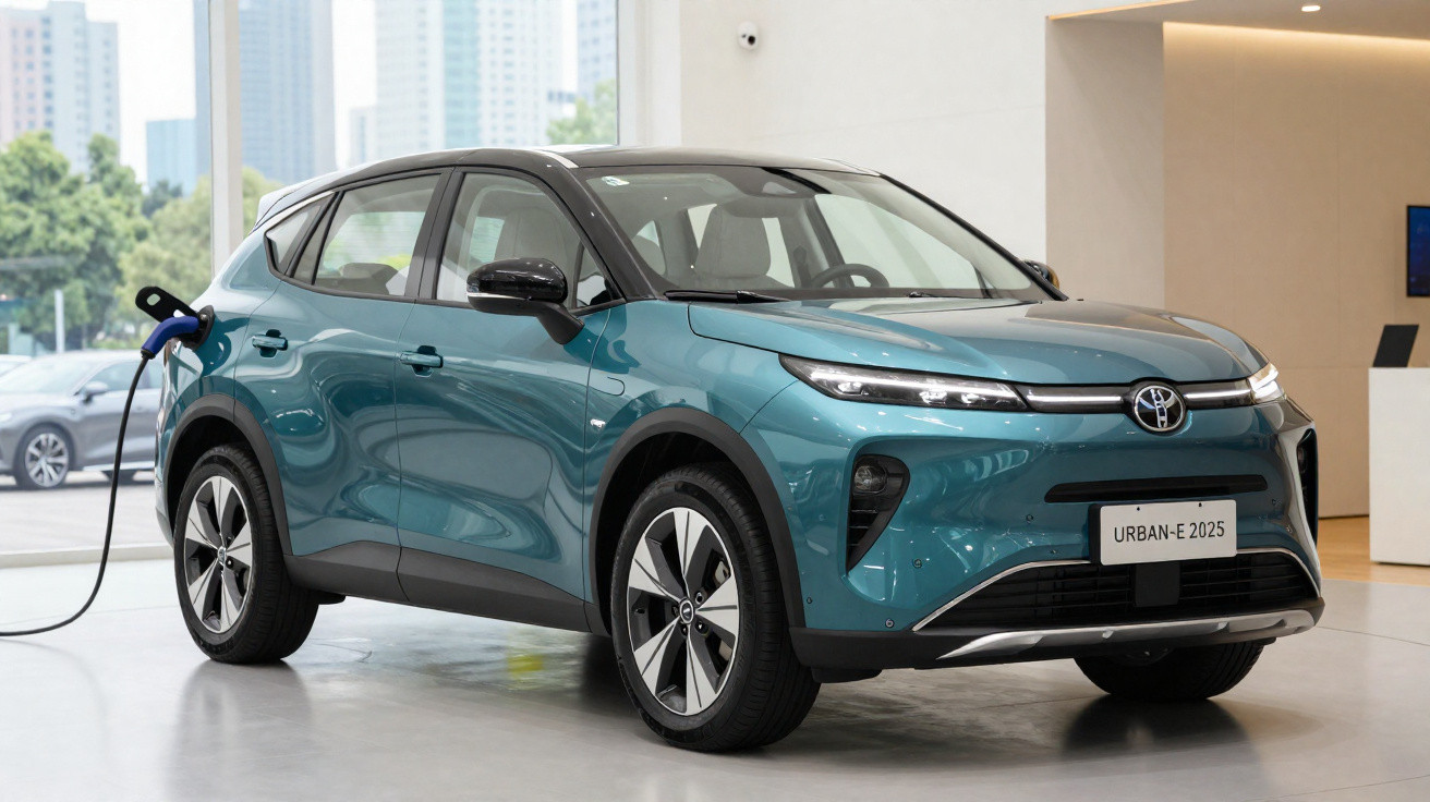Carro SUV elétrico Toyota Urban-E 2025 azul carregando em showroom moderno com janelas grandes.