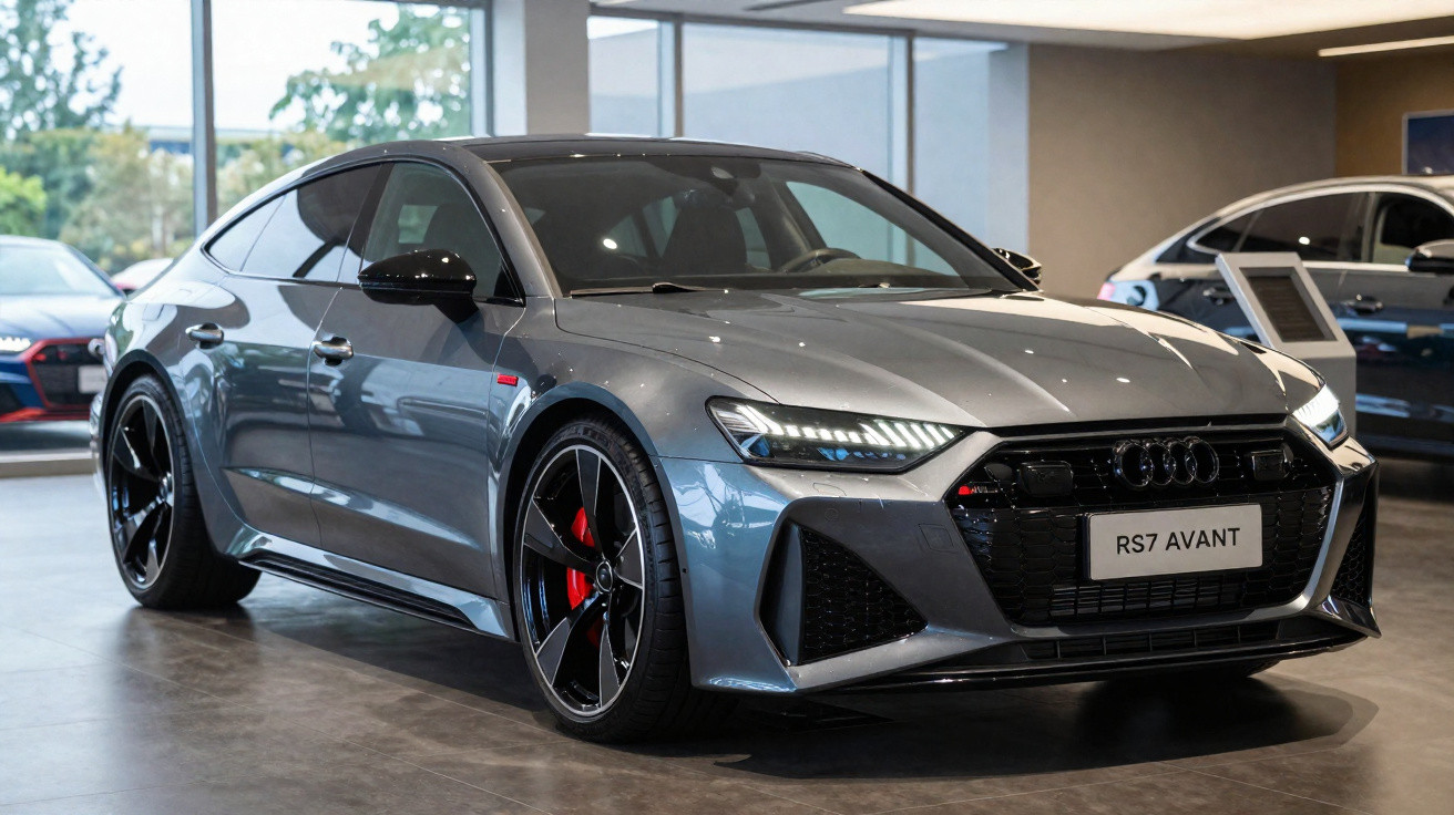 Audi RS7 Avant cinza metálico exibido em showroom com rodas pretas e pinças de freio vermelhas.