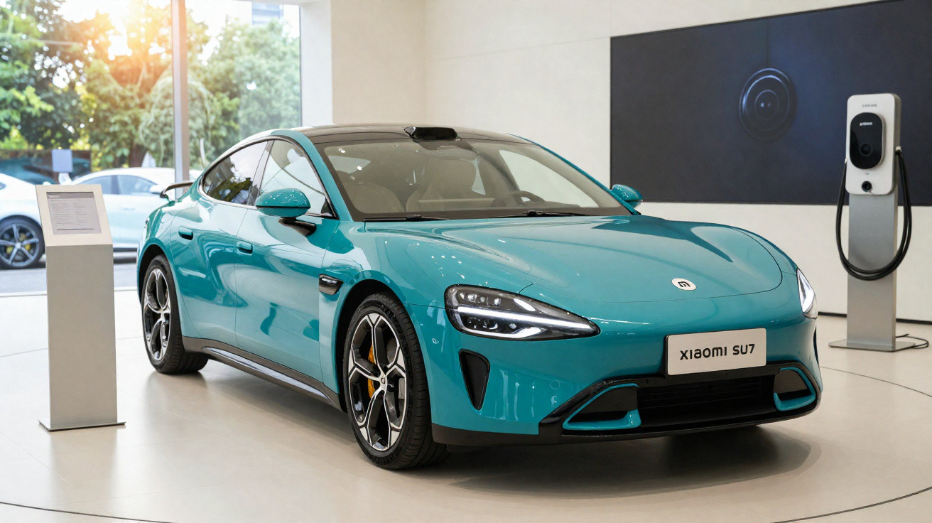 Carro elétrico azul Xiaomi SU7 exposto em showroom com estação de recarga ao lado.
