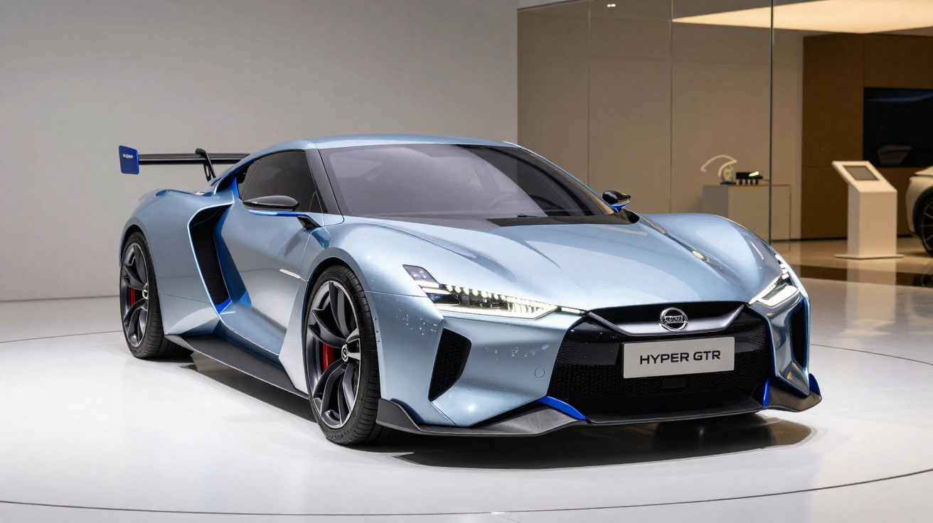 Carro esportivo Nissan Hyper GTR azul em exposição com design moderno e aerodinâmico.