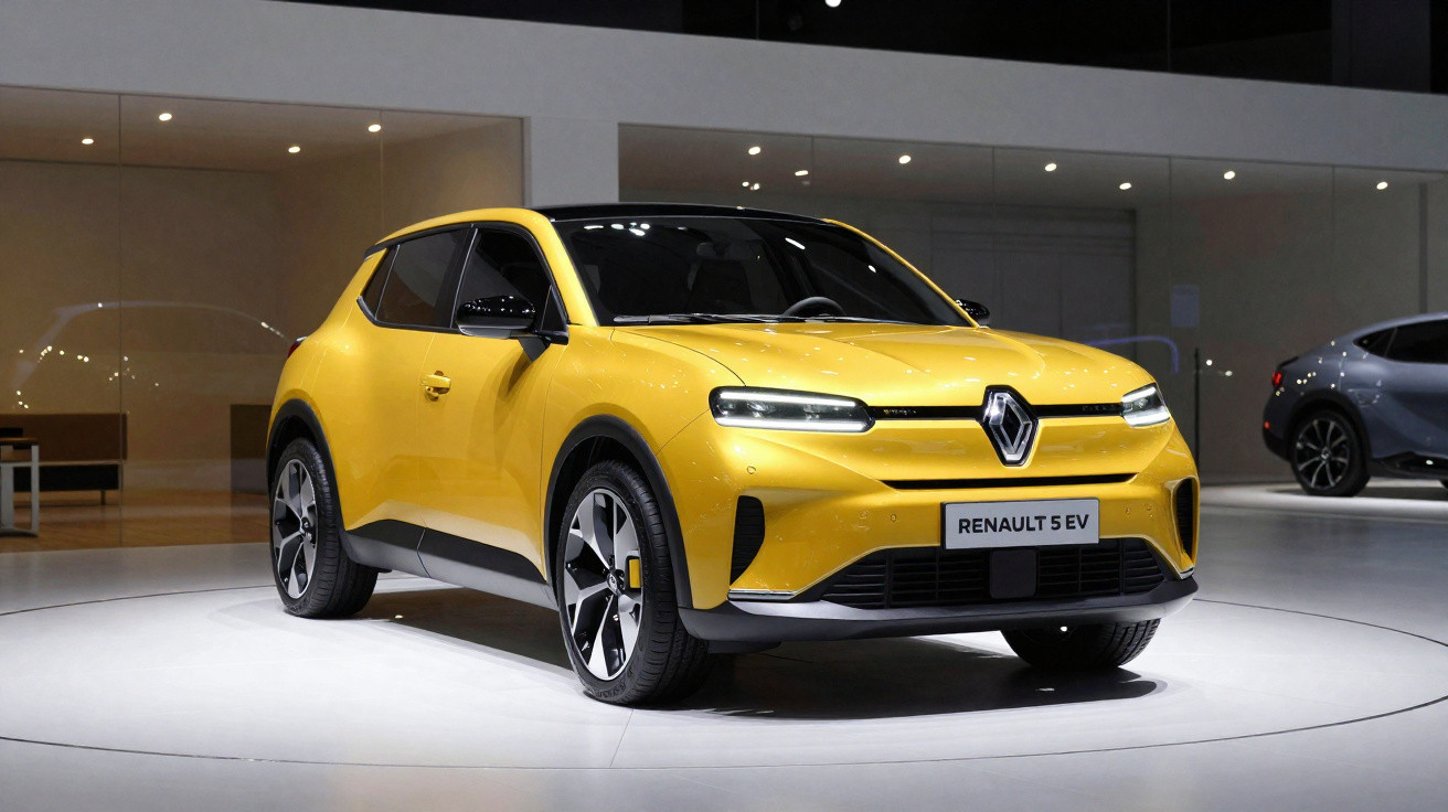 Carro elétrico Renault 5 EV amarelo em exposição em ambiente interno moderno e iluminado.