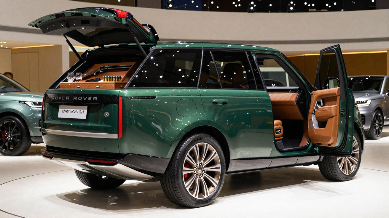 SUV verde da Land Rover com portas e porta-malas abertos exibindo interior marrom em showroom.
