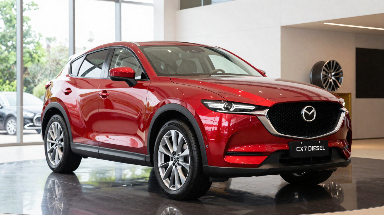 SUV Mazda CX-7 Diesel vermelho em exposição dentro de salão de vendas moderno.